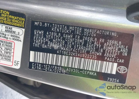 2004 Toyota Camry Le из США, поврежденный, VIN 4T1BE32K54U922235